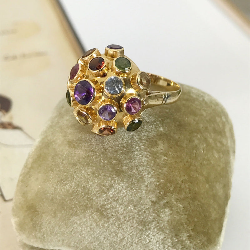 Vintage Sputnik ring | Cartier style H. Stern | 18k gold multistone dome ring | amethyst, garnet, aqua, citrine, peridot, tourmaline | 5 1/4