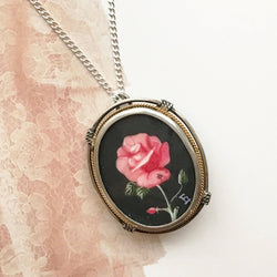 Vintage rose painting necklace | 800 silver | 1940's Art Deco Italian hand painted flower pendant brooch | romantic love bridal jewelry