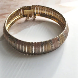 Vintage rosy gold Italian bangle | gold plated snake accordian tricolor retro bracelet | circle pattern | Milor Italy | 1980's punk jewelry