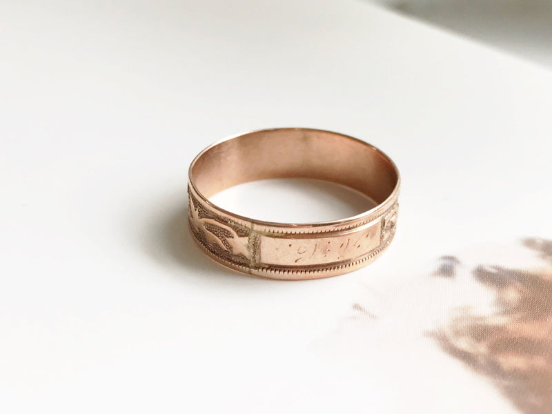 Antique Victorian cigar band ring | 14k rose gold leaf and ivy ring | signet nameplate | bohemian friendship | size 6 1/4