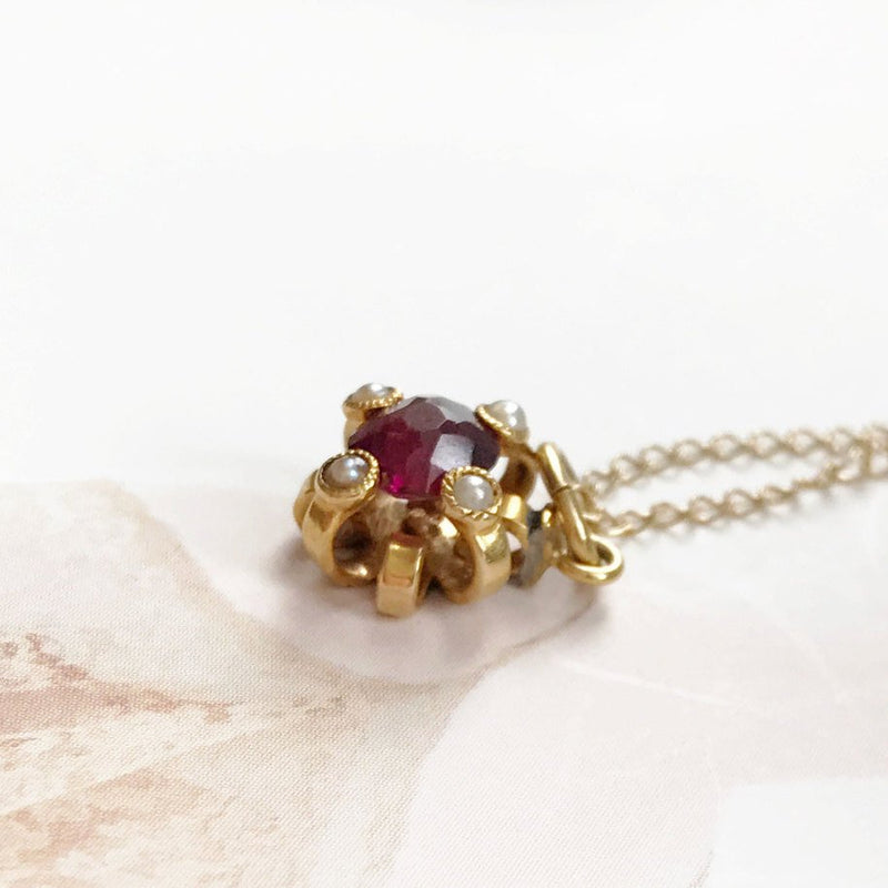 Antique pearl and pink tourmaline charm necklace | Victorian 14k gold small dainty four point cross pendant | Art Nouveau bridal jewelry