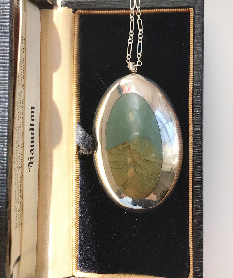 Vintage agate chalcedony pendant necklace | sterling silver picture jasper large statement Native American Southwestern jewelry | protection