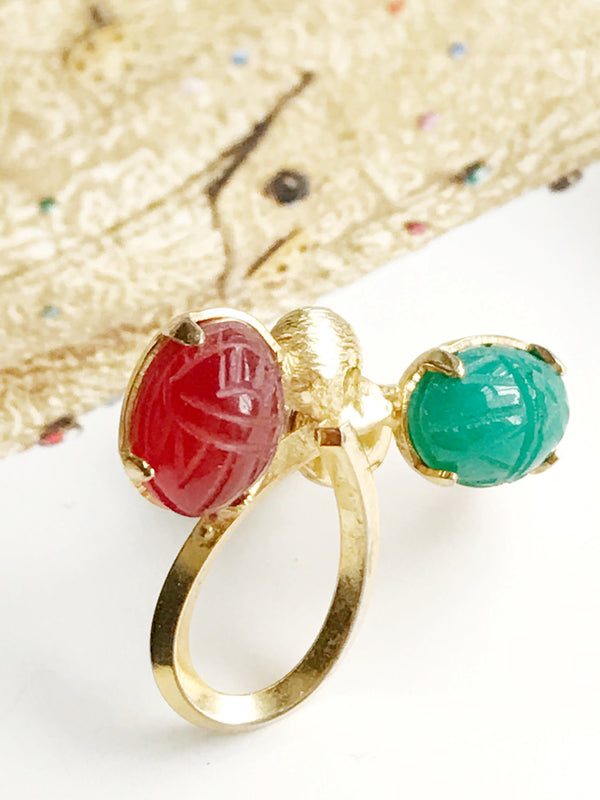 Vintage scarab screw back earrings | 1960's retro | carnelian, green chalcedony 12k gold filled | renewal, protection beetle