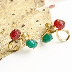 Vintage scarab screw back earrings | 1960's retro | carnelian, green chalcedony 12k gold filled | renewal, protection beetle