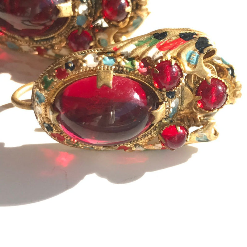 Art Deco red glass screw back earrings | Antique Czech glass simulated ruby enamel | brass costume jewelry | 1930's bridal clip earrings