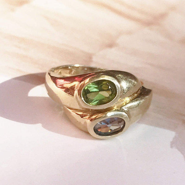Vintage aquamarine and peridot Toi et Moi ring | 14 k gold retro 1960's double snake bypass | March August blue green birthstone | size 4.5