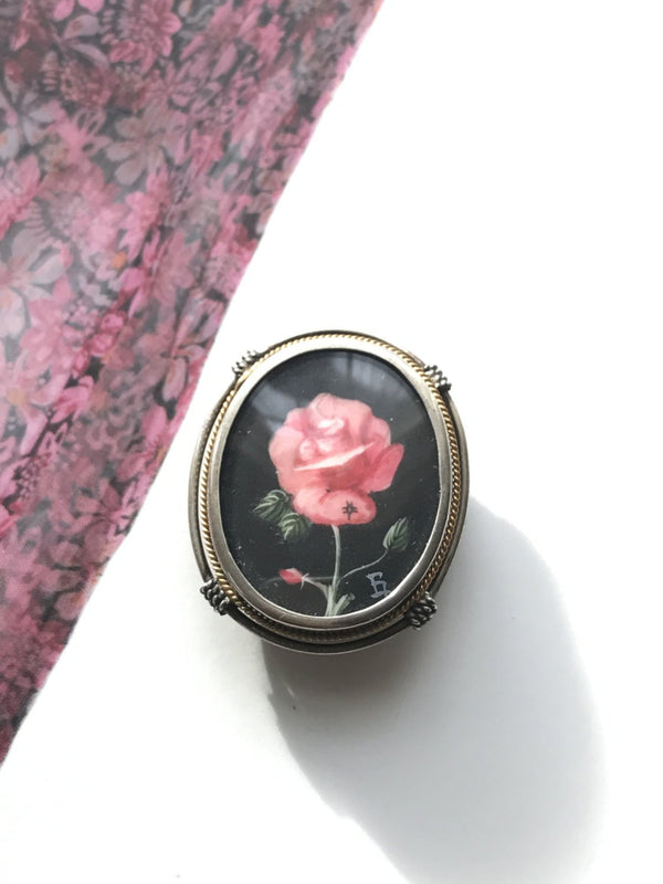 Vintage rose painting necklace | 800 silver | 1940's Art Deco Italian hand painted flower pendant brooch | romantic love bridal jewelry
