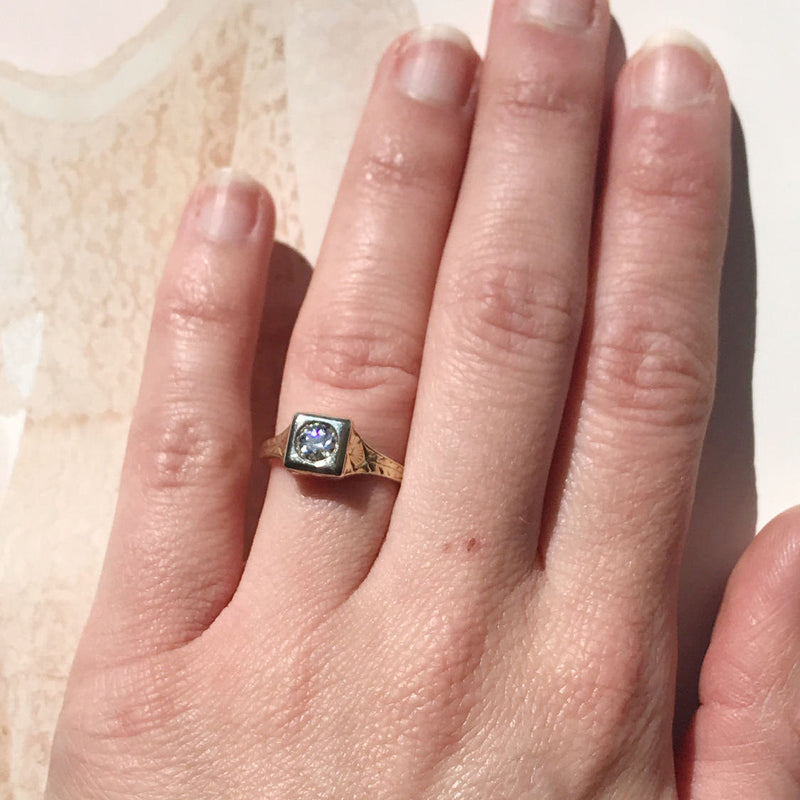 Edwardian square diamond engagement ring  | 14k gold and platinum .35 CT | Art Deco engagement ring | wheat flower design | size 4 3/4