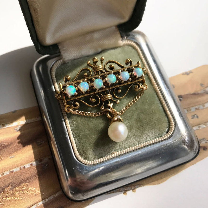 Vintage opal and pearl pendant necklace | 14k gold | retro convertible pin necklace | bridal headpiece | October birthstone jewelry