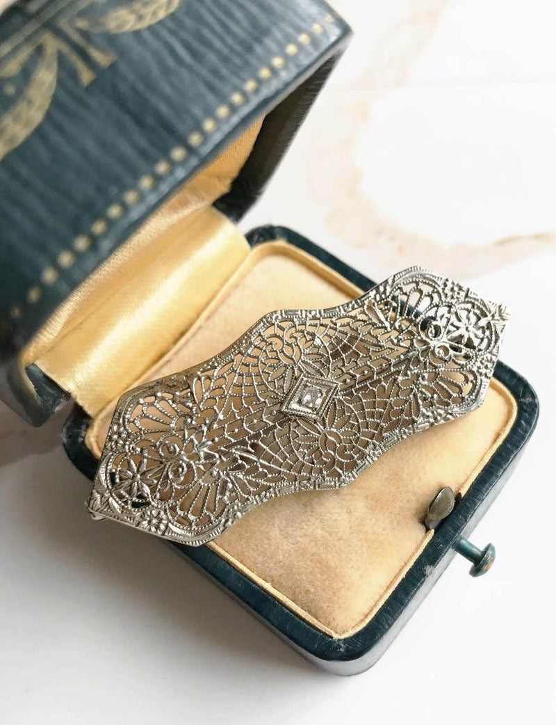 Antique 1920's white gold filigree diamond brooch | 10k long bar pin | fine diamond bridal jewelry hairpiece | vintage Art Deco Edwardian