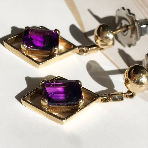 Vintage amethyst drop dangle earrings |  14k gold emerald cut | geometric Art Deco style | February birthstone purple gem | Mother's Day