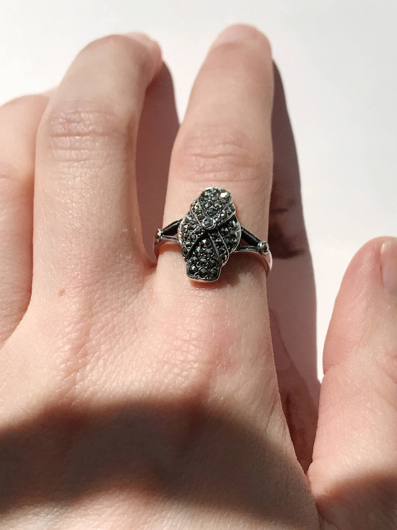 Vintage marcasite ring |  Art Deco 1940's sterling silver metallic X ring | dark gray black gemstone | gothic mod cocktail ring | size 8 1/4