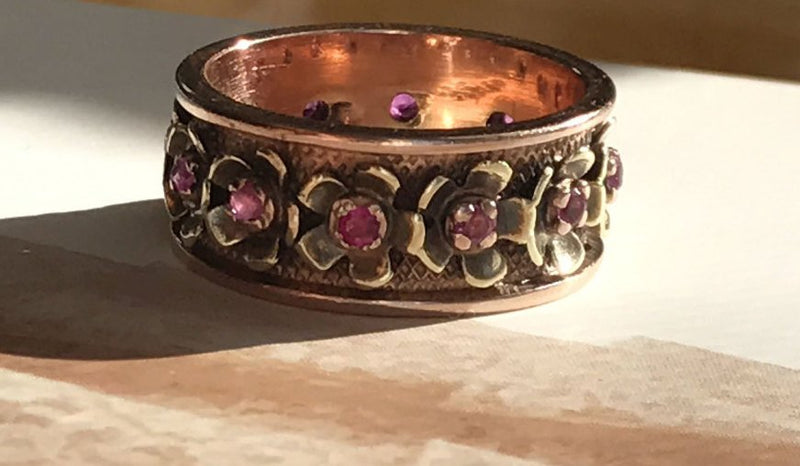 Vintage ruby flower cigar band ring | Victorian style 14k rose gold floral eternity wedding band | .45 carat rubies | fine bridal jewelry