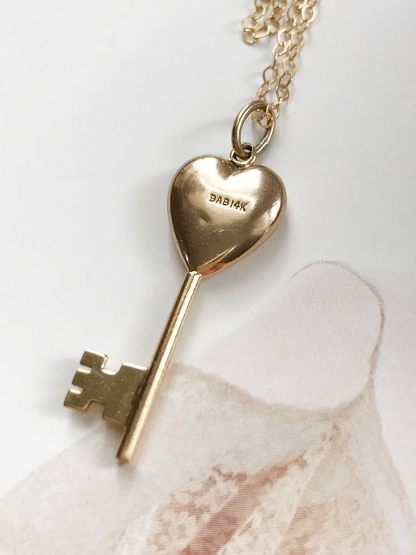 Vintage heart key charm necklace | 1960's 14k gold retro love sweetheart romance token | key to my heart charm | anniversary gift for her