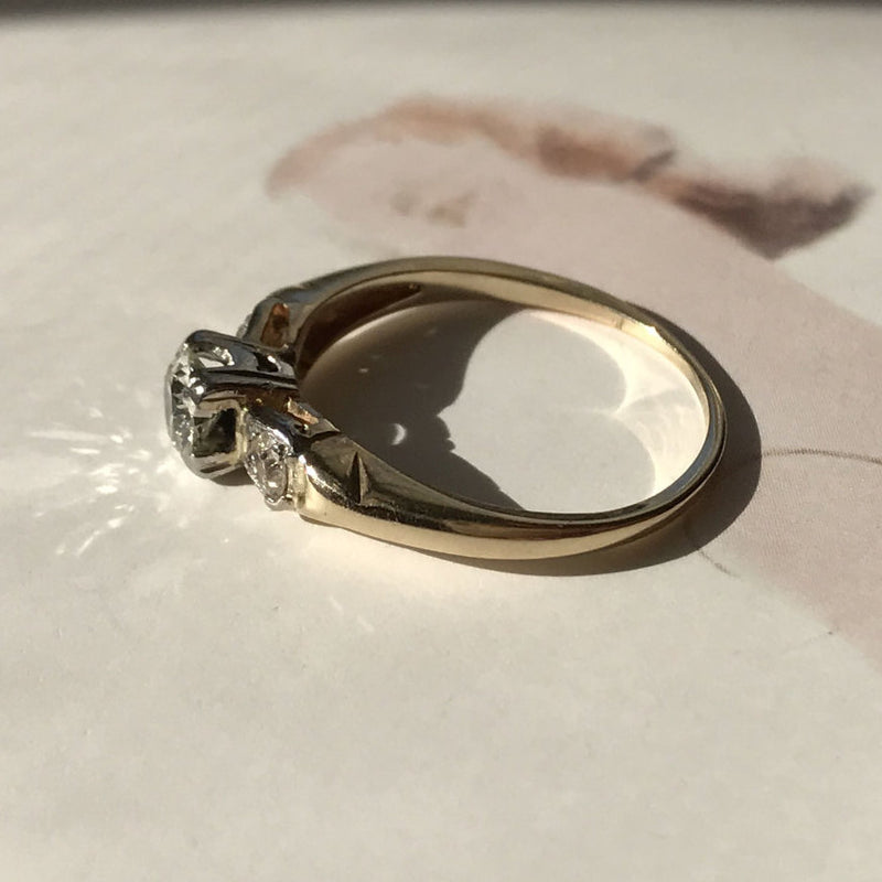 Art Deco diamond trilogy engagement ring | 14k white & yellow gold | .5 half carat Old European Cut | 1930's Art Deco jewelry | size 6 1/4