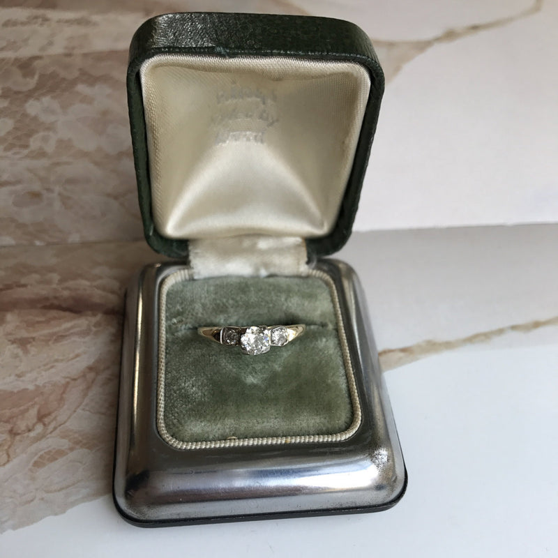 Art Deco diamond trilogy engagement ring | 14k white & yellow gold | .5 half carat Old European Cut | 1930's Art Deco jewelry | size 6 1/4