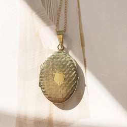 Vintage locket necklace | 1940's mid century Art Deco gilt silver engraved shield locket | cross hatch plaid pendant fob charm jewelry