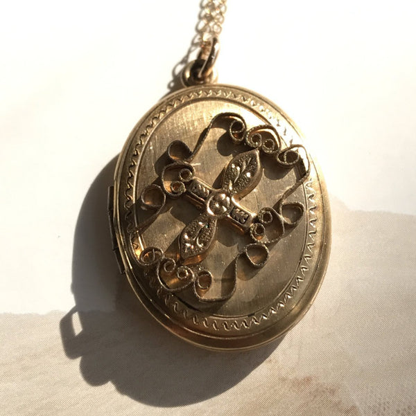 Antique Victorian locket | oval filigree wirework cross locket | gold filled Etruscan Revival style locket pendant necklace