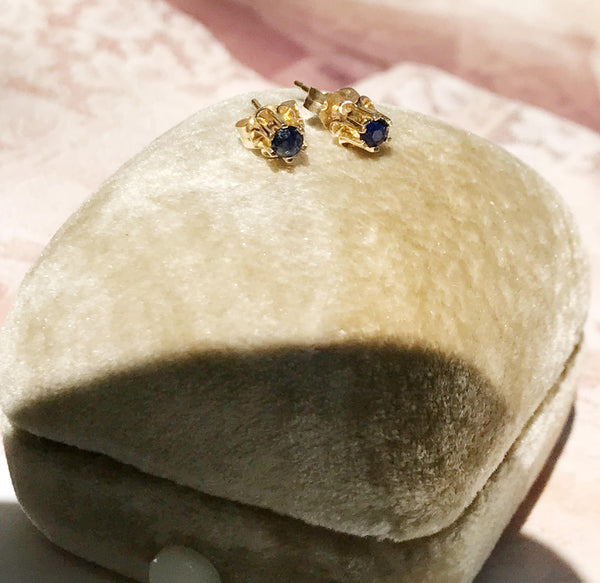 Vintage sapphire stud earrings | 14k gold small dainty minimalist baby young girl jewelry | high setting | something blue bridal studs
