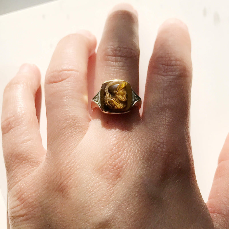 Vintage tiger's eye and diamond soldier signet ring | 10k gold | knight Roman warrior carved brown tiger eye gem cameo | size 6.5
