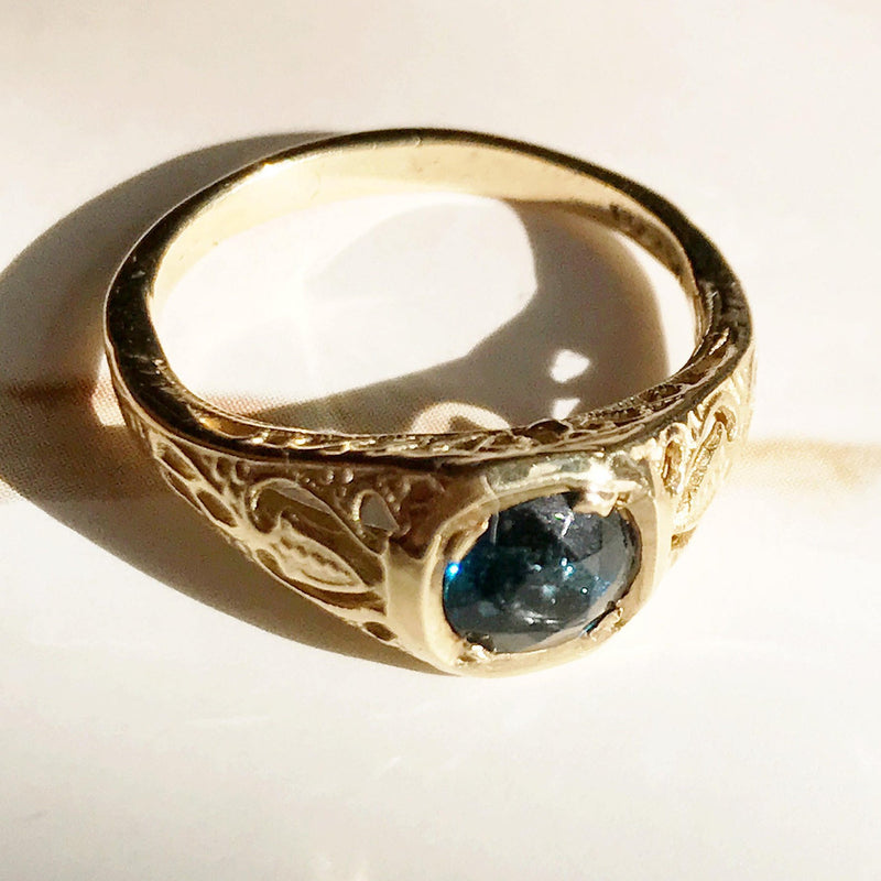 Vintage filigree sapphire engagement ring | 1950's Art Deco style | 14k gold Australian sapphire | cocktail bridal jewelry | size 5