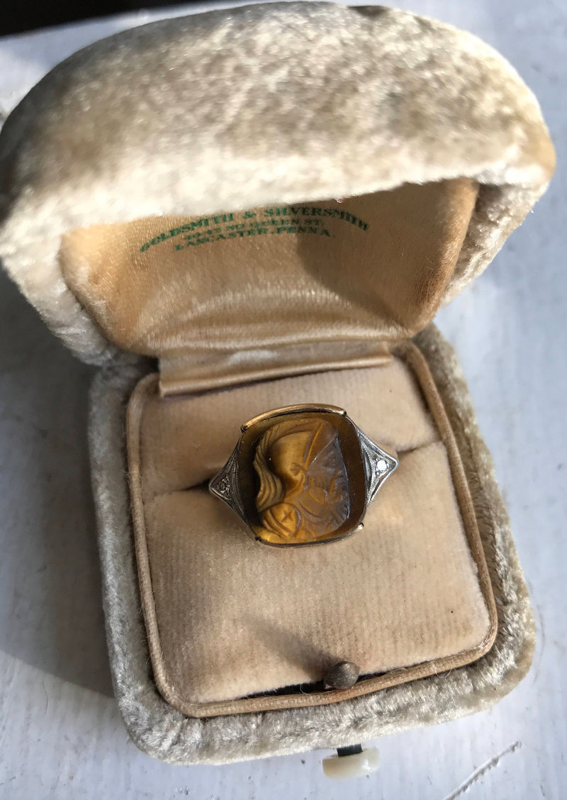 Vintage tiger's eye and diamond soldier signet ring | 10k gold | knight Roman warrior carved brown tiger eye gem cameo | size 6.5