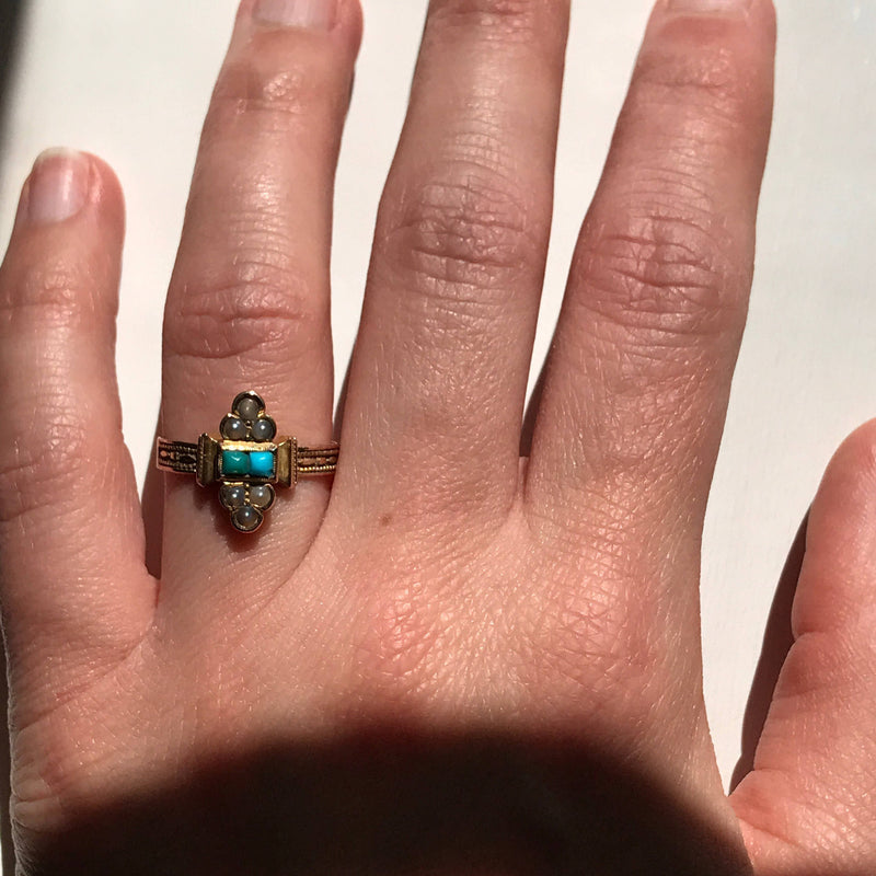 Victorian synthetic turquoise and pearl ring | 1900's 14k gold Egyptian revival style pyramid ring | blue white stone ring | size 5 1/4