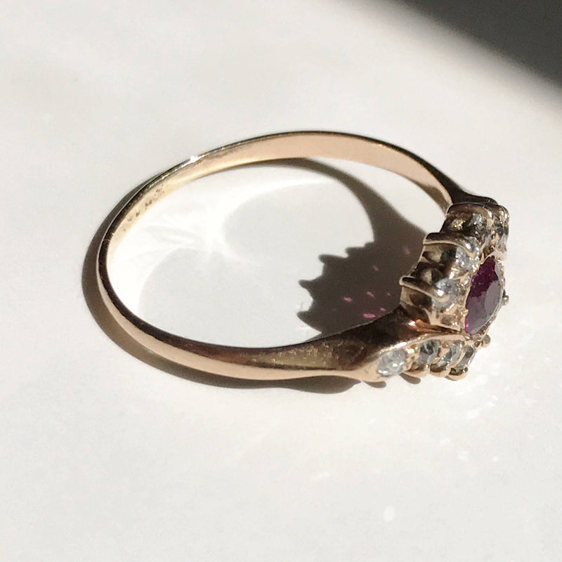 Art Nouveau simulated ruby and diamond halo engagement ring | antique 14k gold boho unique engagement | red stone engagement | size 5 3/4
