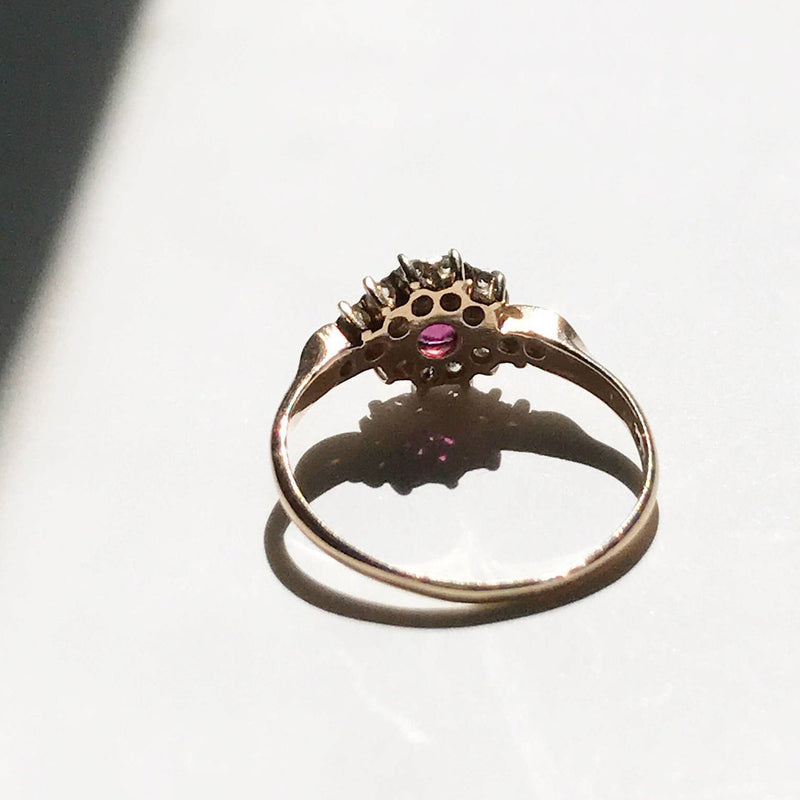 Art Nouveau simulated ruby and diamond halo engagement ring | antique 14k gold boho unique engagement | red stone engagement | size 5 3/4