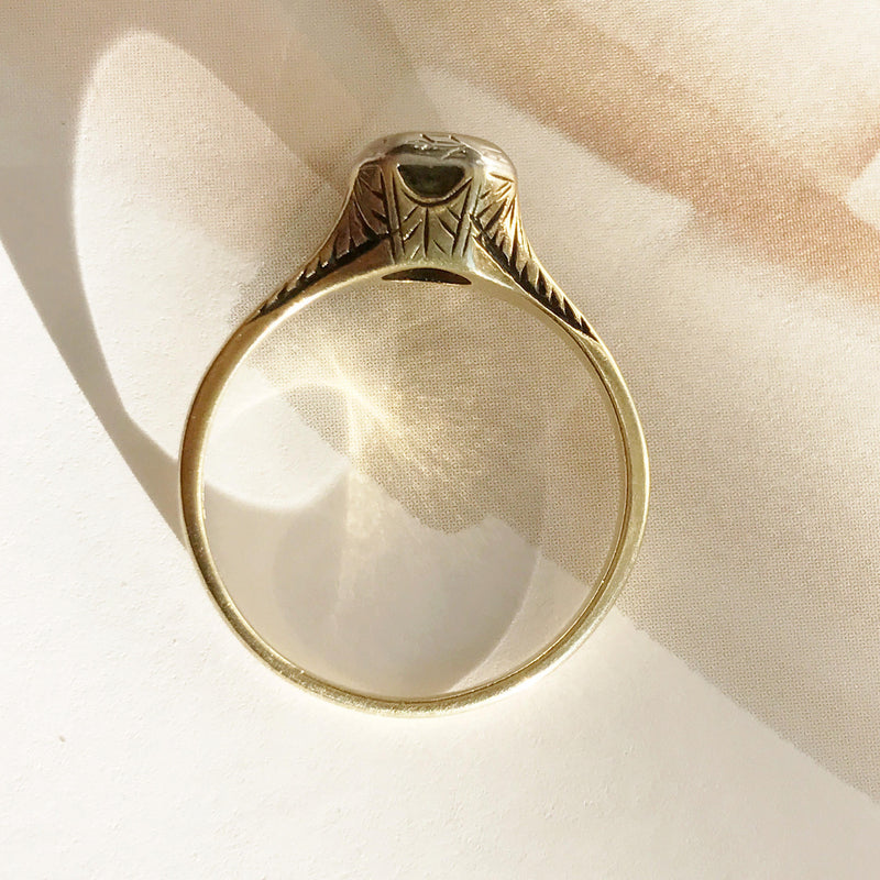 Antique square diamond ring | Edwardian 14k gold & platinum engraved wheat sheaf engagement ring | small diamond wheat sheaf ring | 5 3/4