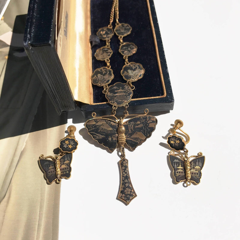 Vintage Damascene butterfly necklace and earring set | 1940's Japanese shakudo | lavalier necklace screw back earrings | Mt. Fiji pagoda