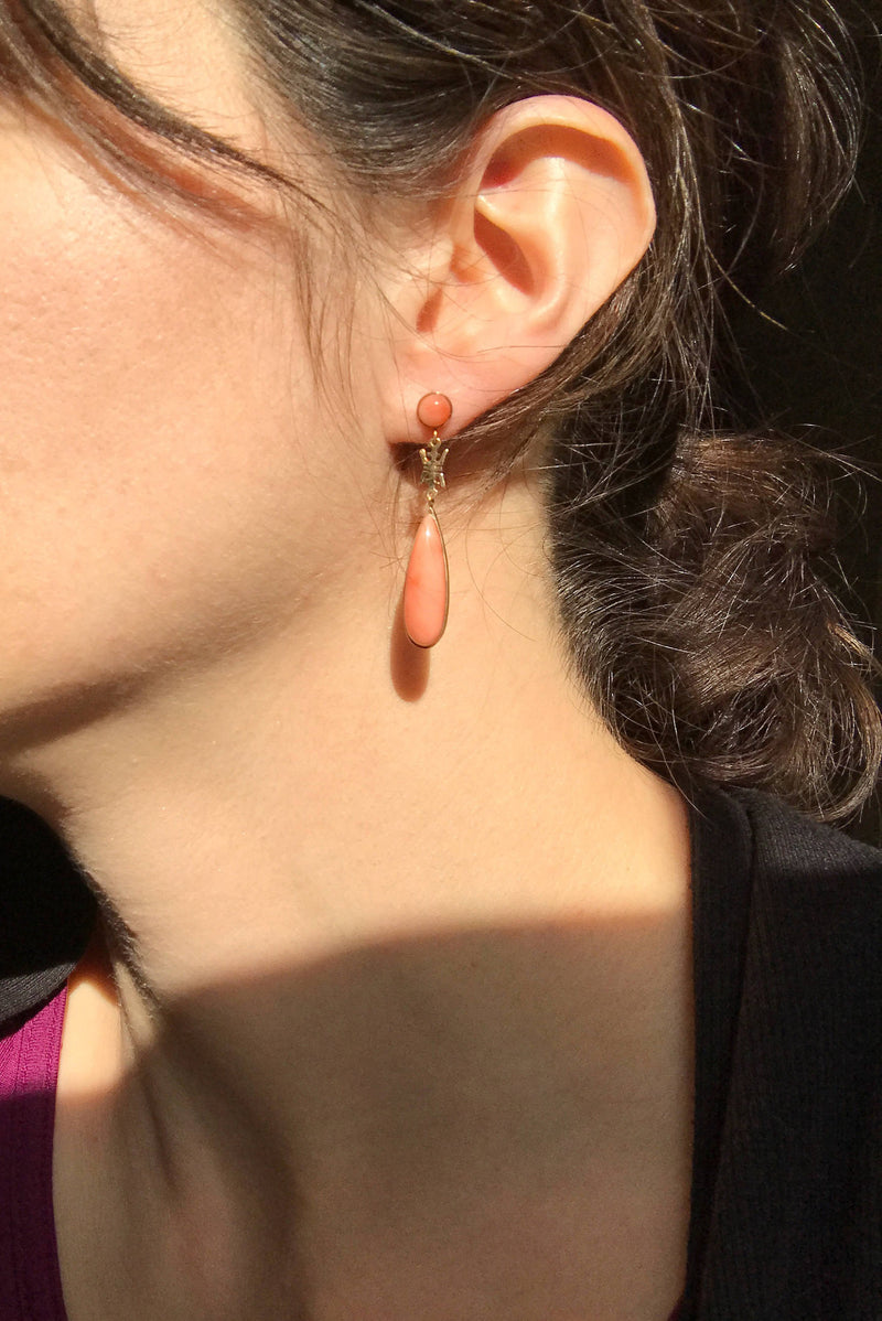 Vintage pink coral dangle drop earrings | Chinese character jewelry | 14k gold long teardrop | earthy bohemian lucky Asian bridal earrings