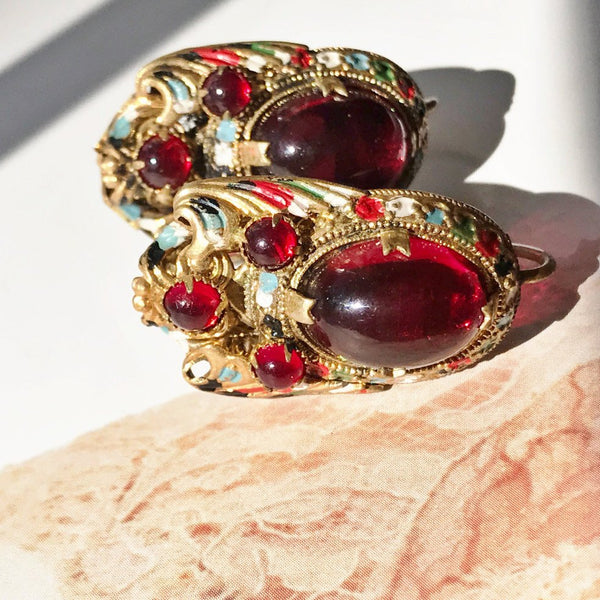 Art Deco red glass screw back earrings | Antique Czech glass simulated ruby enamel | brass costume jewelry | 1930's bridal clip earrings