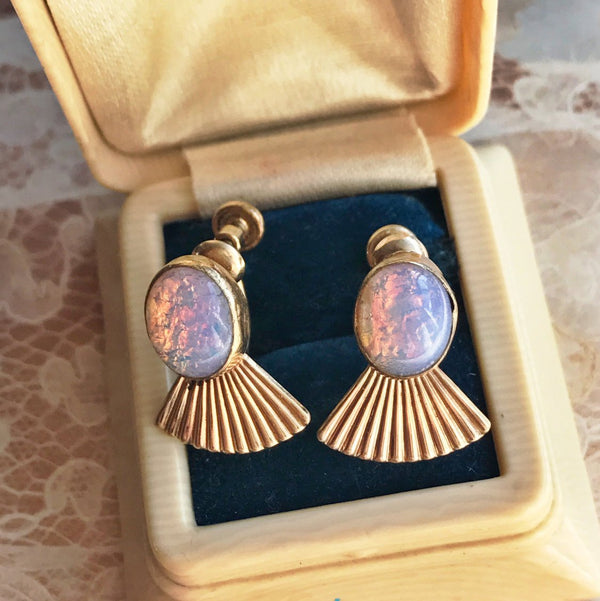 Vintage 1960's simulated opal gold fill screw back earrings | Van Dell fan clip ons | pink purple October stone | retro bridal earrings