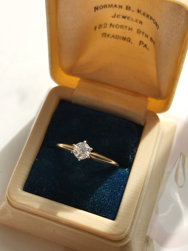 Vintage mid century diamond engagement ring | .33 CT solitaire two tone white and yellow gold classic ring | high prong setting | size 5 1/4