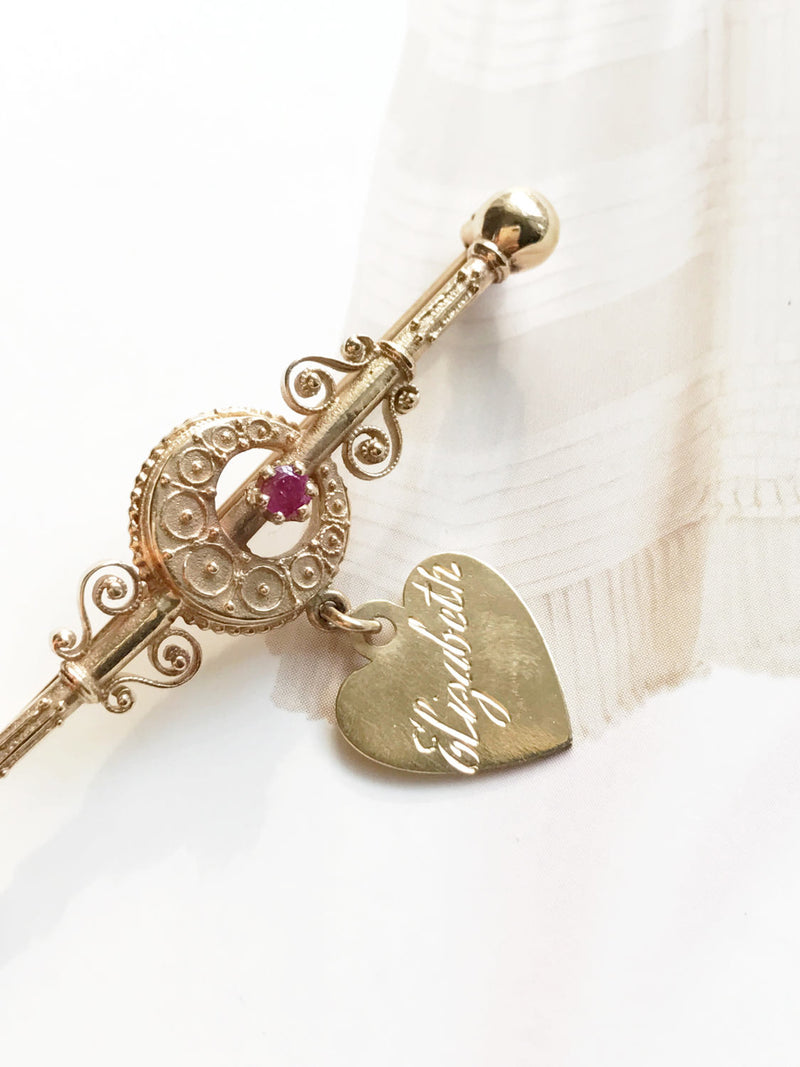 Antique 14k gold ruby moon heart brooch | Victorian & 1960's Etruscan Revival nameplate pin | Elizabeth engraved name brooch