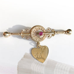 Antique 14k gold ruby moon heart brooch | Victorian & 1960's Etruscan Revival nameplate pin | Elizabeth engraved name brooch