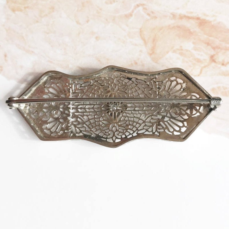 Antique 1920's white gold filigree diamond brooch | 10k long bar pin | fine diamond bridal jewelry hairpiece | vintage Art Deco Edwardian