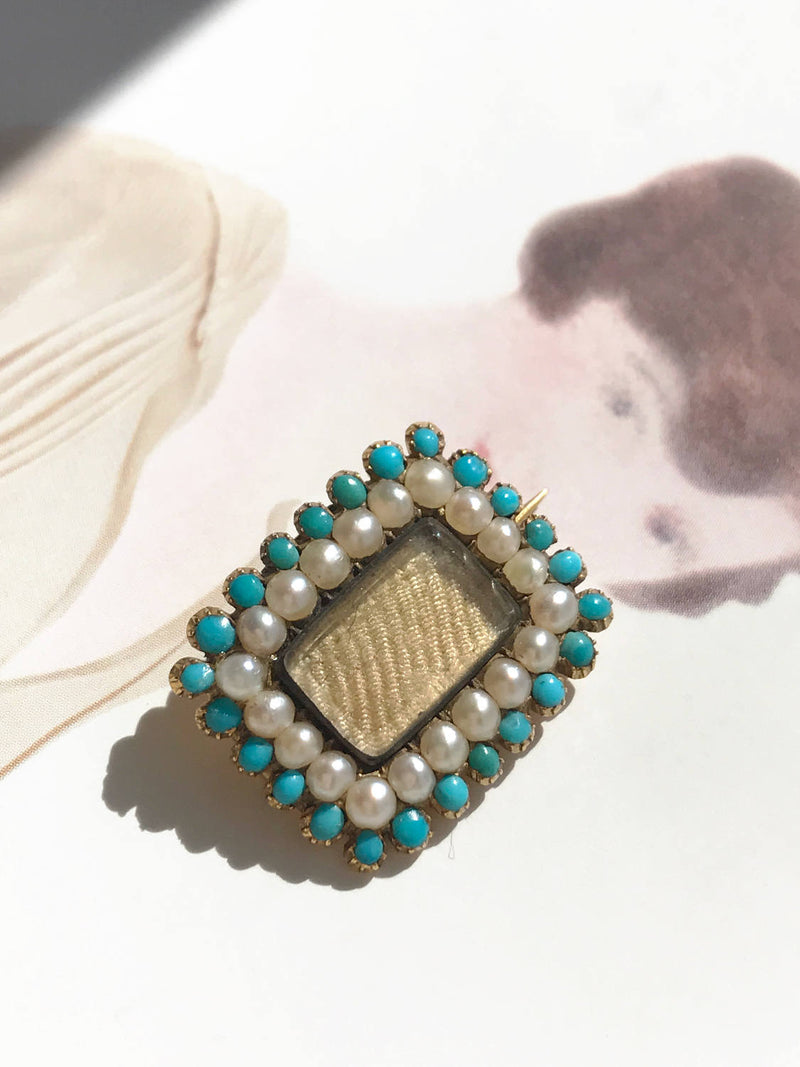 Rare Georgian 14k gold, turquoise and pearl blond hair mourning brooch pendant | early 1800s antique Victorian collectible mourning jewelry