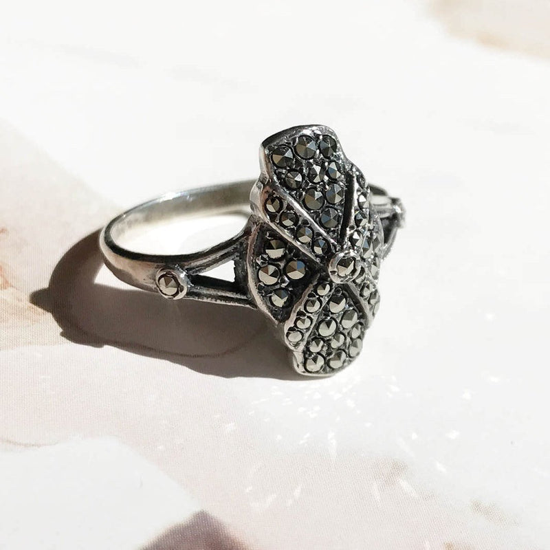 Vintage marcasite ring |  Art Deco 1940's sterling silver metallic X ring | dark gray black gemstone | gothic mod cocktail ring | size 8 1/4