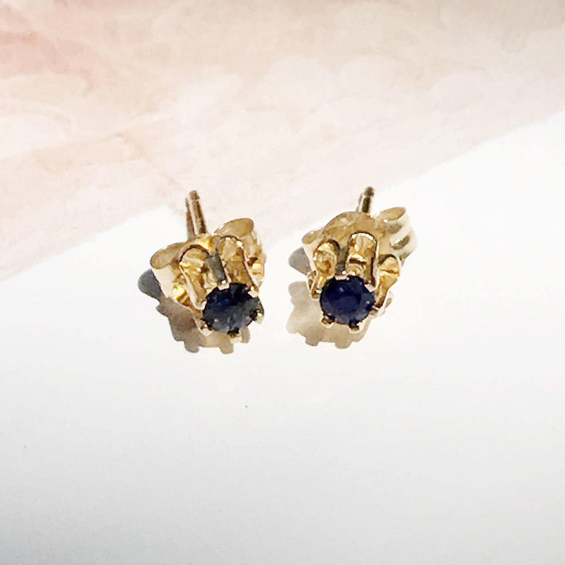 Vintage sapphire stud earrings | 14k gold small dainty minimalist baby young girl jewelry | high setting | something blue bridal studs
