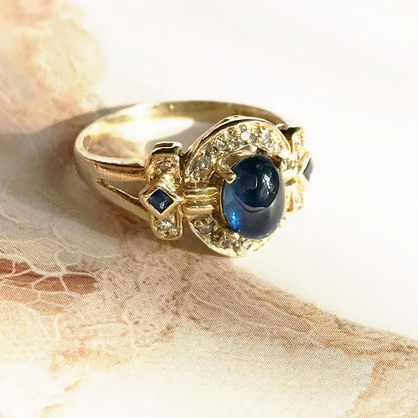 Vintage sapphire and diamond ring | 14k gold cocktail engagement ring | Princess Kate Middleton ring | bridal fine jewelry | size 6 3/4
