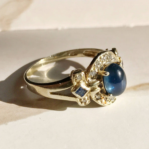 Vintage sapphire and diamond ring | 14k gold cocktail engagement ring | Princess Kate Middleton ring | bridal fine jewelry | size 6 3/4