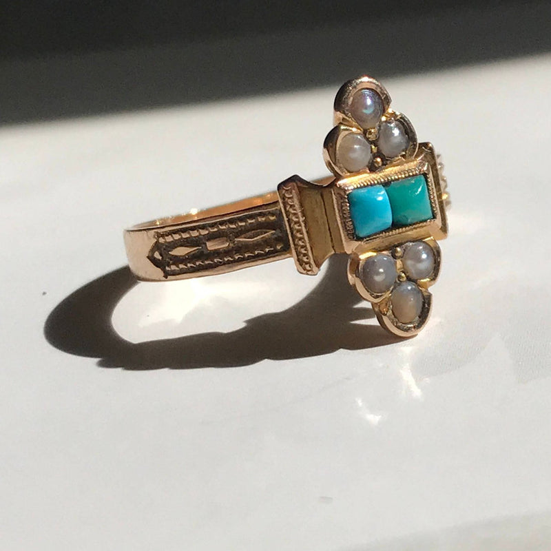 Victorian synthetic turquoise and pearl ring | 1900's 14k gold Egyptian revival style pyramid ring | blue white stone ring | size 5 1/4