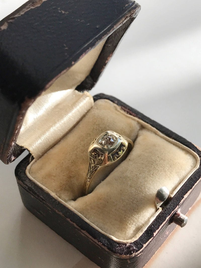 Antique Victorian diamond solitaire ring | 18k & 14k gold two tone | wheat sheaf | bridal engagement men's fine jewelry | size 6 1/4