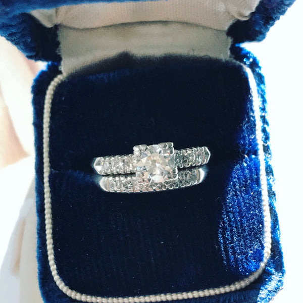 Antique diamond engagement ring & wedding band | 1940's mid century Art Deco platinum .86 CT classic square matching ring set | size 5 1/4