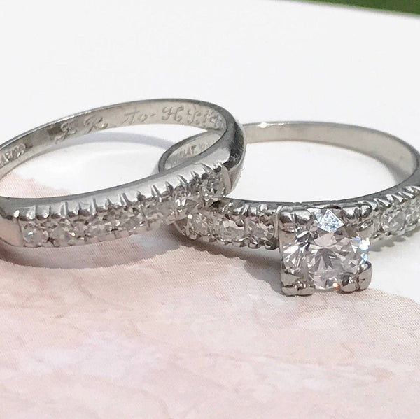 Antique diamond engagement ring & wedding band | 1940's mid century Art Deco platinum .86 CT classic square matching ring set | size 5 1/4