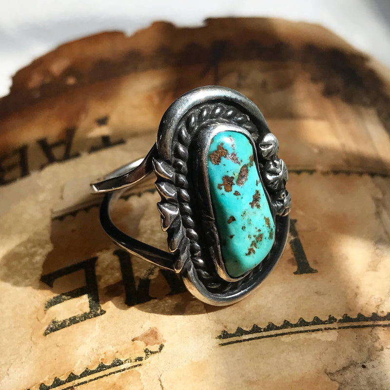 Vintage signed Navajo turquoise ring | oval turquoise | James Little | Native American old pawn silver jewelry | boho Southwest | size 6 1/4