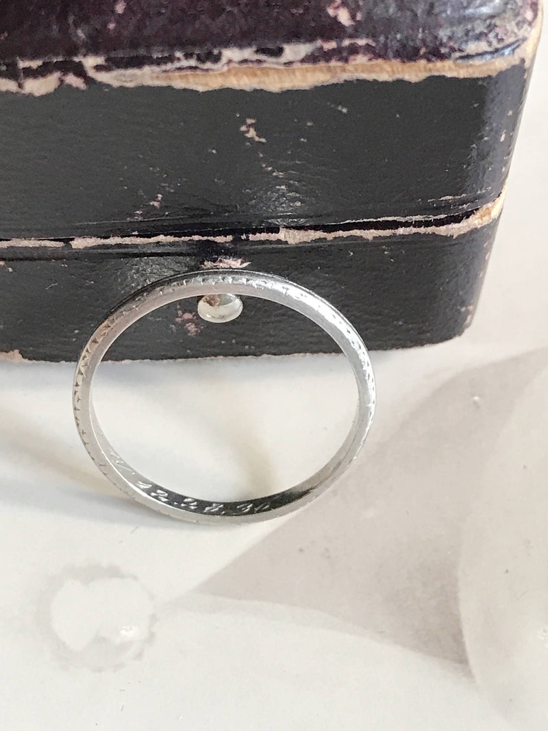 Antique 1930's platinum wedding band | Art Deco engraved Dec 28 1936 | thin dainty plain classic stacking band | size 6 1/4