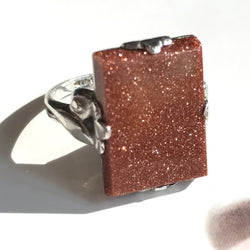 Vintage 1930's sterling goldstone ring | Art Deco rectangular orange coppery sparkly stone | romantic feminine statement ring | size 5 1/4